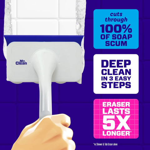 Magic Eraser Shower and Tub Scrubber Bathroom Cleaner All In One Kit with lemon scent in use cleaning soap scum on tiles