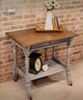 Table painted with Sawmill Gravy Chalk Mineral Furniture Paint 32oz Matte Beige Finish, displayed against brick wall.