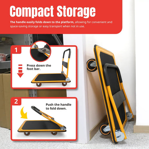 Beast Of Burden Heavy Duty Foldable Platform Cart with 660 lb Capacity in compact storage position next to wall