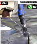 Heavy Duty Titanium Drill Nibbler Sheet Metal Cutter demonstrating clean cuts on aluminum sheet with electric shears.