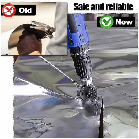 Heavy Duty Titanium Drill Nibbler Sheet Metal Cutter demonstrating clean cuts on aluminum sheet with electric shears.
