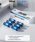 Kick Ass Heavy Duty CR123A 3V Lithium Batteries 6 Pack With 1700MAH Killer Capacity For Smoke Detectors Rangefinders Tactical Flashlights And Safety Devices Dead Reliable Leak Proof Power You Really Need in blue packaging with batteries displayed.