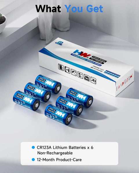 Kick Ass Heavy Duty CR123A 3V Lithium Batteries 6 Pack With 1700MAH Killer Capacity For Smoke Detectors Rangefinders Tactical Flashlights And Safety Devices Dead Reliable Leak Proof Power You Really Need in blue packaging with batteries displayed.