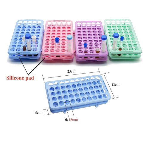 Colored racks with silicone pads for 5-15ml tubes, 18mm holes, featuring focus keyword: Pink 50 Hole Plastic Test Tube Rack With Silicone Pad Bottom Detachable Holder For 5ml 10ml And 15ml Centrifuge Tubes 18mm Hole Diameter Lab Organizer For Secure Tube Storage