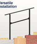 Heavy Duty 3 Step Outdoor Handrail 2 Pack Adjustable Metal Stair Railing showing installation on concrete, wood, and brick steps.