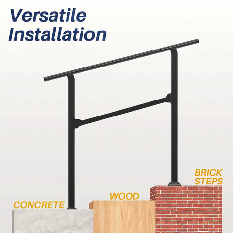 Heavy Duty 3 Step Outdoor Handrail 2 Pack Adjustable Metal Stair Railing showing installation on concrete, wood, and brick steps.