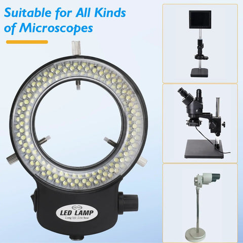 144 LED Ring Light For Stereo Microscopes And Cameras, Adjustable Illuminator With Dimmable Brightness, Pro Grade Lab Lighting For Clear Close Ups And Precise Imaging. 144-LED ring light for stereo microscopes, black plastic, shown with multiple microscope mounts.