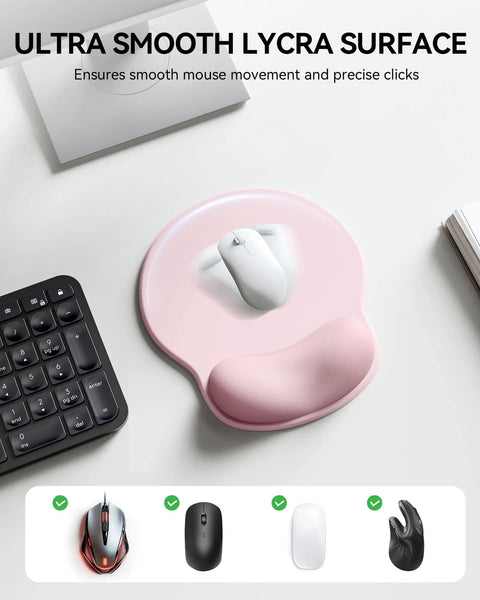 Light pink ergonomic gel wrist rest mouse pad for desk, non-slip, contoured support, large 10.6 x 9 inch desk mat, fatigue relief.