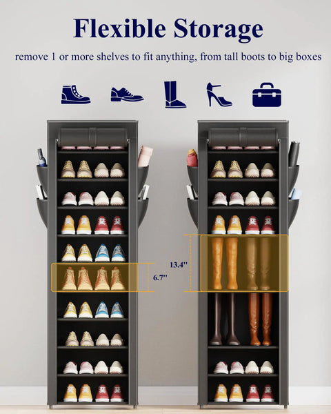 Flexible storage options for heavy duty 10 tier shoe rack with cover to hold tall boots and sneakers in stylish black finish.