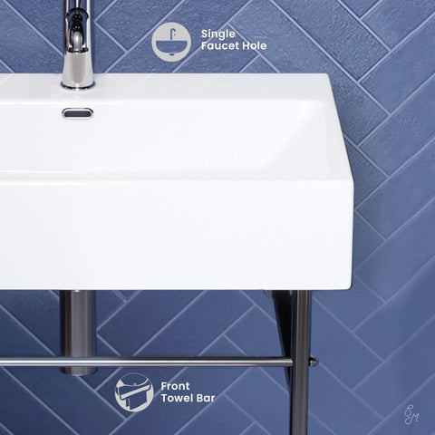 Claire 24 Inch Ceramic Console Sink With Glossy White Basin, Scratch Resistant Non Porous Ceramic, Single Faucet Hole, Overflow