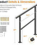 Heavy Duty Outdoor Hand Rail For 2 To 3 Steps Black Iron Style Stair Railing For Concrete Brick Wood Stairs Rock Solid Hold Tight Safety Rail For Seniors And Kids Easy Install Porch Deck Garden, showing product dimensions and installation parts