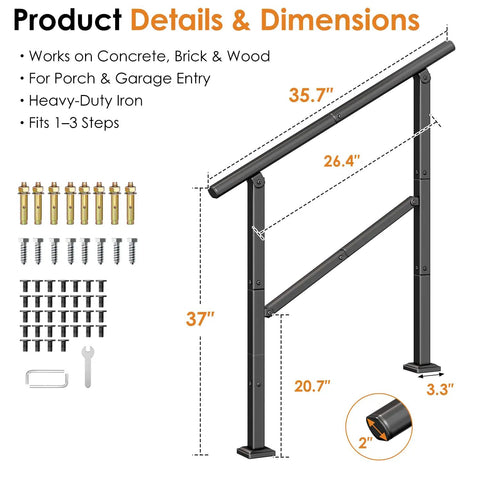 Heavy Duty Outdoor Hand Rail For 2 To 3 Steps Black Iron Style Stair Railing For Concrete Brick Wood Stairs Rock Solid Hold Tight Safety Rail For Seniors And Kids Easy Install Porch Deck Garden, showing product dimensions and installation parts