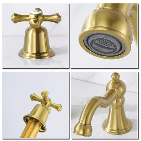 Brushed Gold Widespread Bathroom Faucet 8 Inch 3 Hole With Two Cross Handle Knobs And Drain For Vanity Sink Tap details