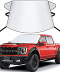 Truck Windshield Sun Cover 600D Heavy Duty Sun Shade For Pickups fitted on red truck, all weather use, front angle view