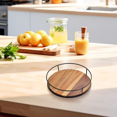 Wooden Lazy Susan Utensil Organizer With Steel Ball Bearings And Anti Slip Pads on a kitchen countertop