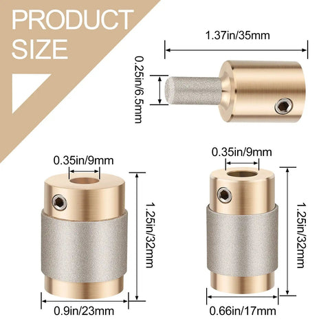 Diamond Glass Grinder Bits Set For Stained Glass Tools Copper Core Diamond-Coated Drill Heads In 1 Inch 3/4 Inch And 1/4 Inch Sizes showing detailed product dimensions.