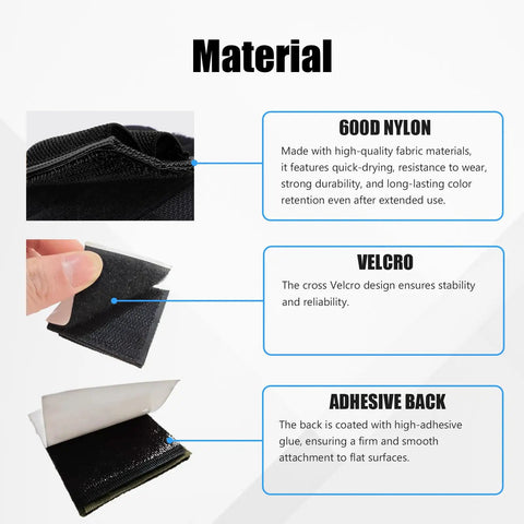 Material details of Six Pack Bullet Holders for rifle ammo, featuring 600D nylon, Velcro, and adhesive backing.