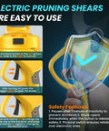 Instructions for Cordless Brushless Electric Pruning Shears With 2.6 Inch Opening And Dual 2Ah Battery Pack shown with safety features.