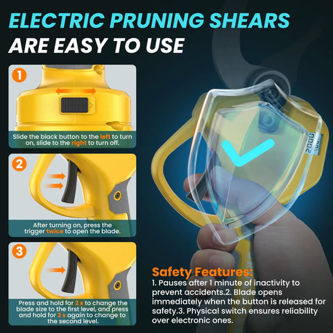 Instructions for Cordless Brushless Electric Pruning Shears With 2.6 Inch Opening And Dual 2Ah Battery Pack shown with safety features.
