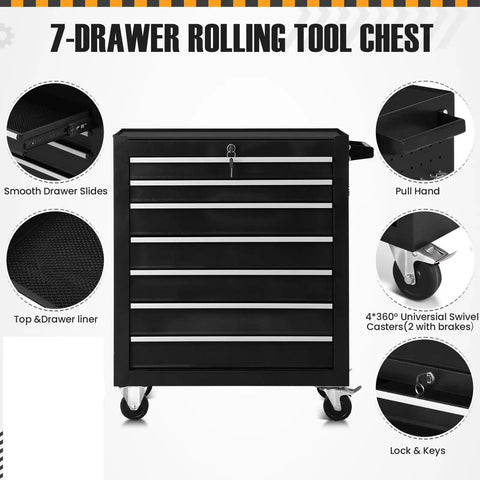 7 Drawer Metal Rolling Tool Chest On Wheels With Locking System Heavy Duty Tool Storage Cabinet front view