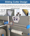 Heavy Duty Rolling Wrapping Paper Holder And Bubble Wrap Dispenser With Integrated Cutter showcasing sliding cutter for easy packaging.