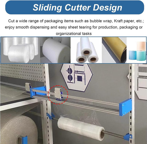 Heavy Duty Rolling Wrapping Paper Holder And Bubble Wrap Dispenser With Integrated Cutter showcasing sliding cutter for easy packaging.