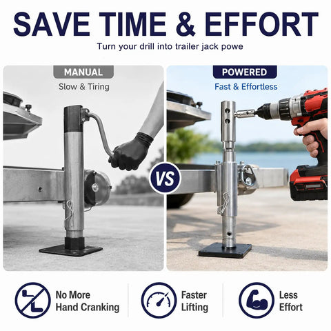 Heavy Duty Trailer Jack Drill Adapter Built Like A Tank Stainless Steel With One Inch Drive Shaft And Half Inch Socket Bit Universal For All Cordless Drills To Make Rv Camper Setup No Sweat comparison of manual vs powered lift system