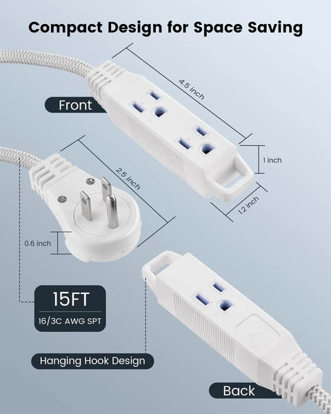 Front and back view of 15-Foot 360 Degree Rotating Extension Cord With 3 Outlets, Flat Braided White Wall Plug For Tight Spaces Space Saver.