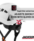 Close-up of white CH400V Climbing Style Hard Hat with Venting and Molded Cup Chin Strap, ANSI Z89.1 and OSHA Compliant with ratchet knob.