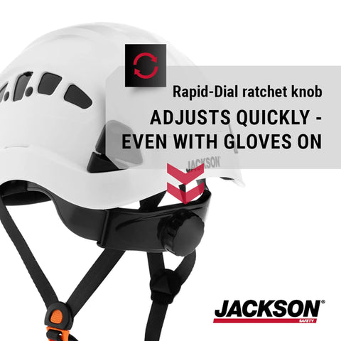Close-up of white CH400V Climbing Style Hard Hat with Venting and Molded Cup Chin Strap, ANSI Z89.1 and OSHA Compliant with ratchet knob.
