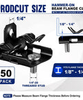 Bulk 50 Piece Workhorse Heavy Duty Hammer On Flange Clips With Threaded Stud For One Eighth To One Quarter Inch Flange Beam Clamp With Hole Cable Clip In Spring Steel Black E Coat Finish, 1/4-20 stud