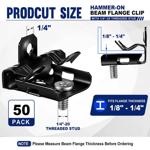 Bulk 50 Piece Workhorse Heavy Duty Hammer On Flange Clips With Threaded Stud For One Eighth To One Quarter Inch Flange Beam Clamp With Hole Cable Clip In Spring Steel Black E Coat Finish, 1/4-20 stud
