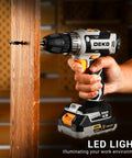 Go To Cordless Power Drill Kit for DIY Projects 20V with Battery and Charger Dual Speed in use, drilling into wood.
