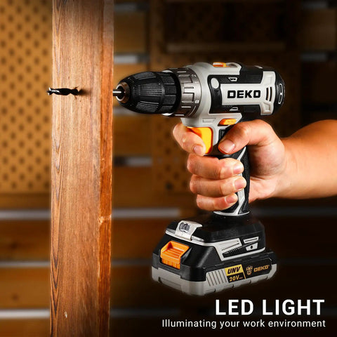 Go To Cordless Power Drill Kit for DIY Projects 20V with Battery and Charger Dual Speed in use, drilling into wood.