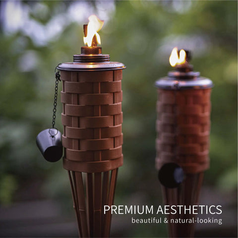 Citronella Bamboo Torches 4 Pack in Brown, 60 Inch Tall Outdoor Lighting Stakes, Weatherproof Wide Mouth Metal Canister Torches for garden