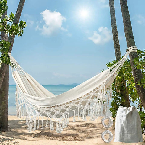 Brazilian Double Hammock With Soft Cotton Canvas And Fringe, Built For Two, Portable Outdoor Chill Vibe For Backyard Or Travel