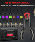 Rivet Nut Tool Kit With Step Drill Bit And 90 Rivnuts, 13-Inch Heavy Duty Hand Riveter Set, 7 SAE And Metric Mandrels, Toolless Quick Change Head, Rugged Carrying Case For Onsite Repairs displayed with components.