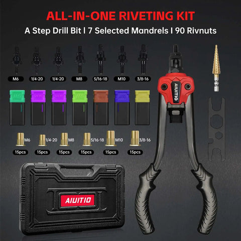 Rivet Nut Tool Kit With Step Drill Bit And 90 Rivnuts, 13-Inch Heavy Duty Hand Riveter Set, 7 SAE And Metric Mandrels, Toolless Quick Change Head, Rugged Carrying Case For Onsite Repairs displayed with components.