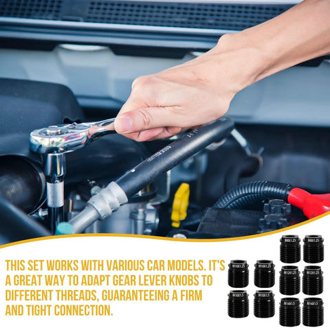 Universal Gear Shift Knob Adapter Kit 10 Pc Aluminum Alloy Thread Adapters M10x1.25 M12 M14 installation in car engine bay