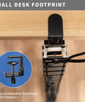 Top view of Clamp On Desk Cable Management Kit with Vertebrae System attached to desk, showcasing no-drill clamp and cable routing.