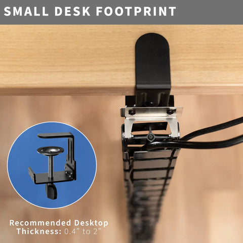 Top view of Clamp On Desk Cable Management Kit with Vertebrae System attached to desk, showcasing no-drill clamp and cable routing.