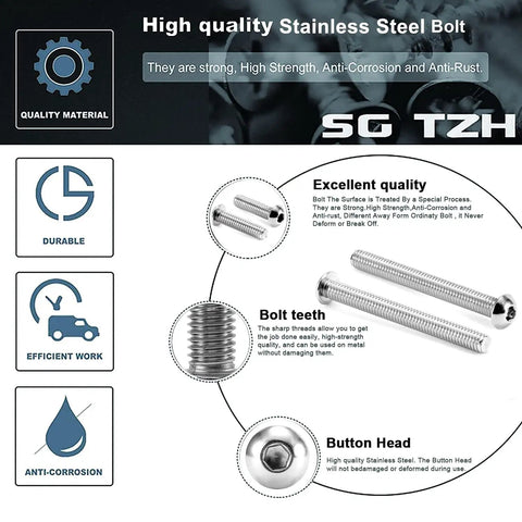 Built Tough 304 Stainless Steel Button Head Socket Cap Bolts 3/8 Inch X 5/8 20 Pack shown with hex key, highlighting corrosion resistance.
