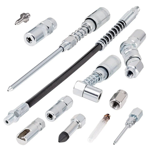 12 Piece Grease Gun Accessory Kit With 90 Degree Adapter Flex Hose Needle Tips Couplers And Nozzles One Eighth Inch NPT Storage Case