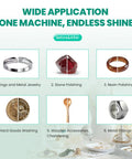 Barrel Polishing Machine use cases for jewelry, stone, resin, coins, wood chamfering, and metal fittings