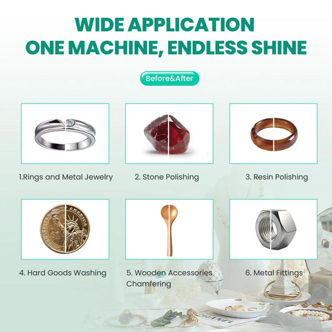 Barrel Polishing Machine use cases for jewelry, stone, resin, coins, wood chamfering, and metal fittings
