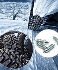 Heavy Duty Tire Studs 6Mm X 27Mm Steel Snow Spikes 100 Pack on icy terrain with detailed tire tread and snow.