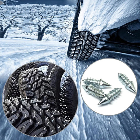 Heavy Duty Tire Studs 6Mm X 27Mm Steel Snow Spikes 100 Pack on icy terrain with detailed tire tread and snow.