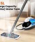 Heavy Duty Steam Cleaner Fast Heat Up One Point Five Liter Tank shown with steam cleaning surface and large water tank.