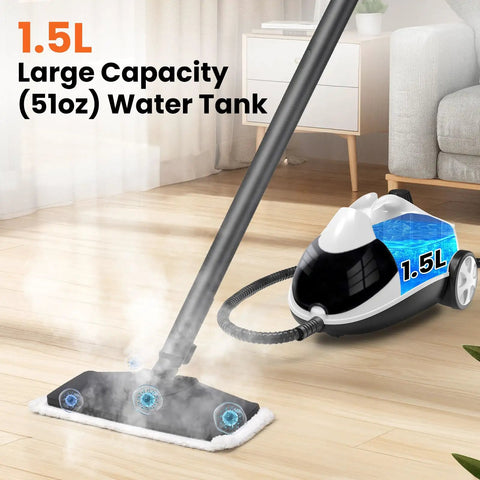 Heavy Duty Steam Cleaner Fast Heat Up One Point Five Liter Tank shown with steam cleaning surface and large water tank.