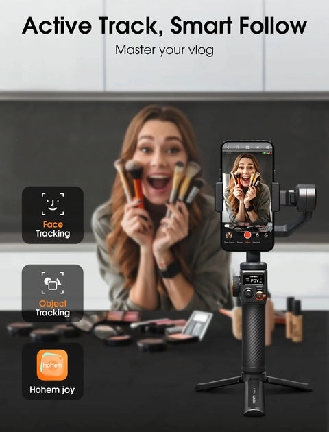 Woman using iSteady M6 Gimbal Stabilizer For Smartphone That Delivers Ultra Smooth Footage With 3 Axis Anti Shake and OLED display.